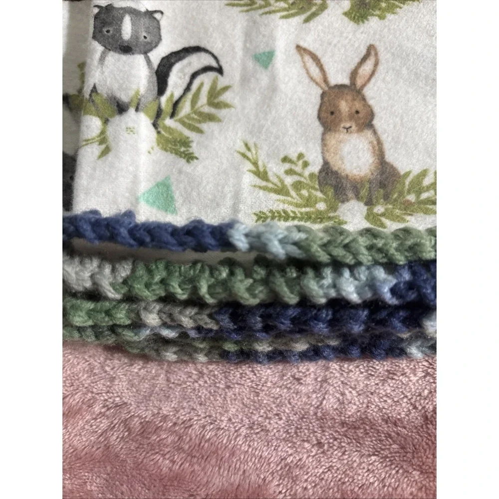 Woodland Animals & Frogs Baby Blanket Lot Of Two, Crochet Trim 42x35.